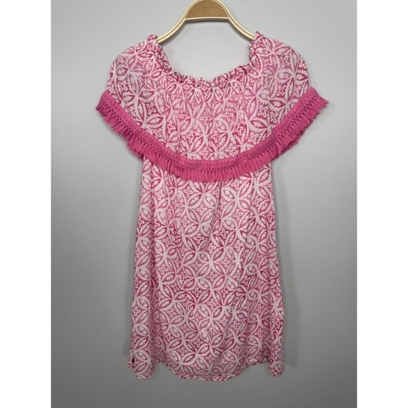 Hatley Olivia Dress Small Pink White Off Shoulder Organic Cotton Tassel‎ Trim - Picture 8 of 15